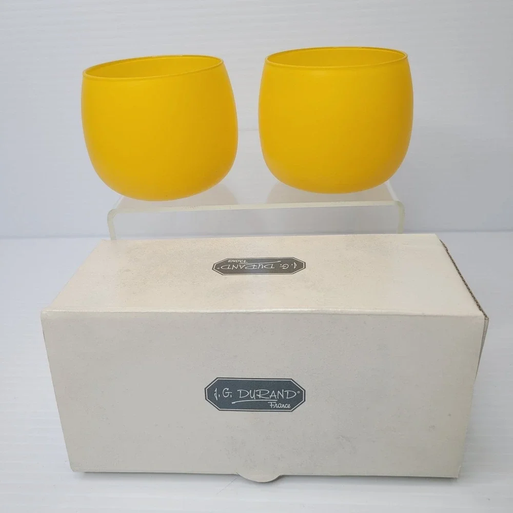 JG Durand France Votive Candle Holders Set 2 Yellow Glass 1995 Vintage New w Box